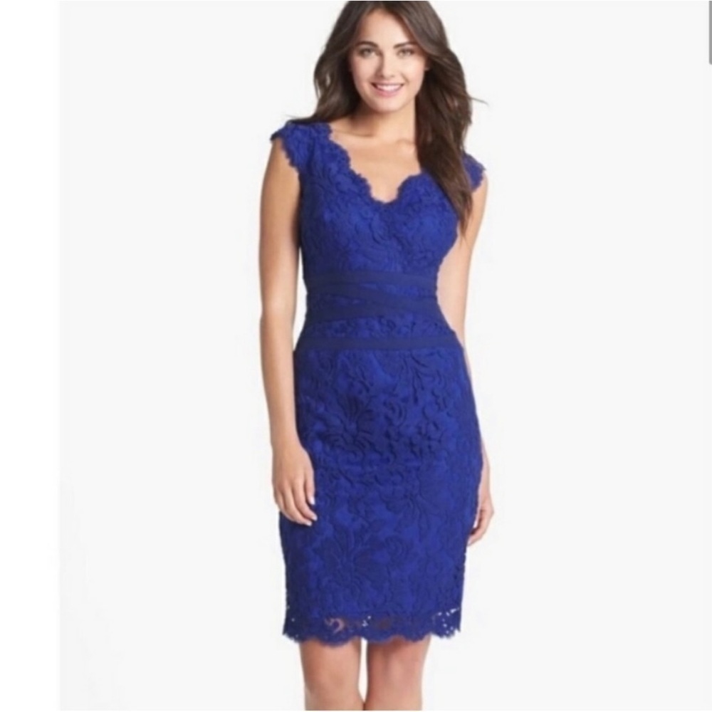 Tadashi Shoji Embroidered Lace Cocktail Sheath Dress in Royal Blue Black Size 2P